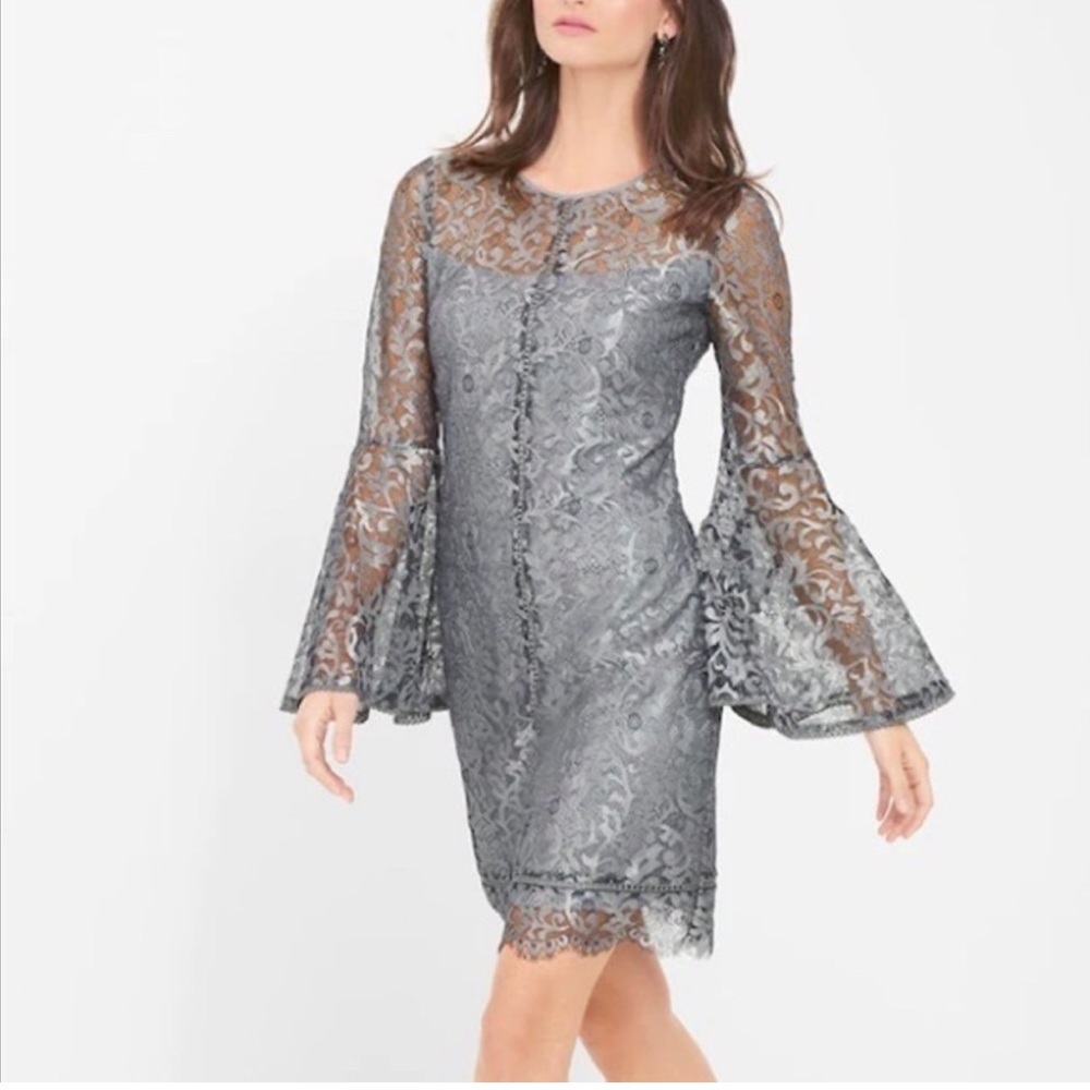 White House Black Market Silver Gray Metallic Lace Bell Sleeve Dress.